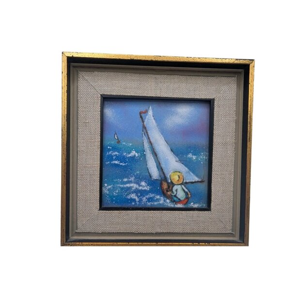 Vintage Framed Nautical Sailboat Painting on Tile by Ann Berthia - Picture 7 of 8